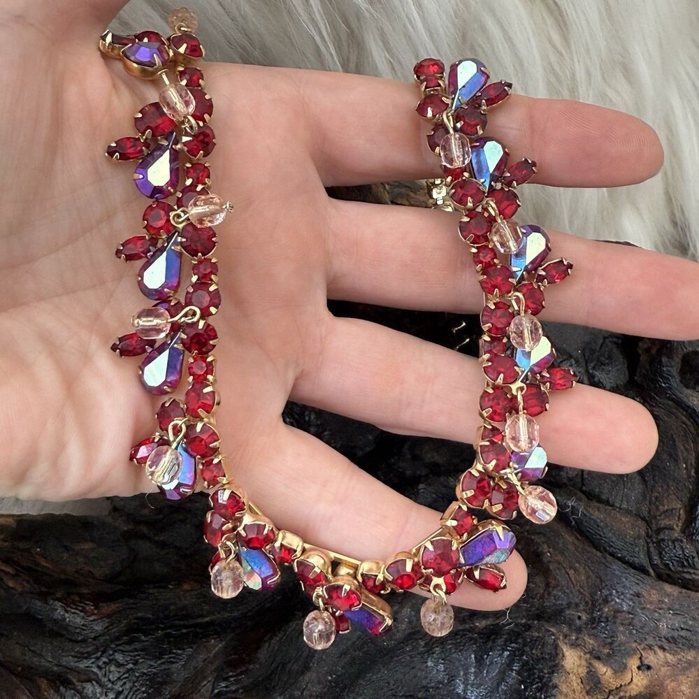 Vintage Kramer Demi-Parure Red Aurora Borealis AB Teardrop Pink Dangle Balls - Picture 4 of 16
